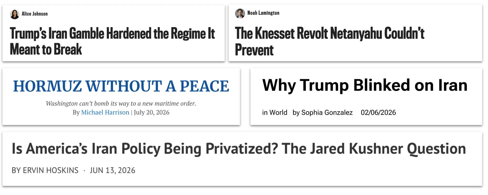 Five article headlines published under personas linked to the operation: Alice Johnson, Noah Lamington, Michael Harrison, Sophia Gonzalez, and Ervin Hoskins.