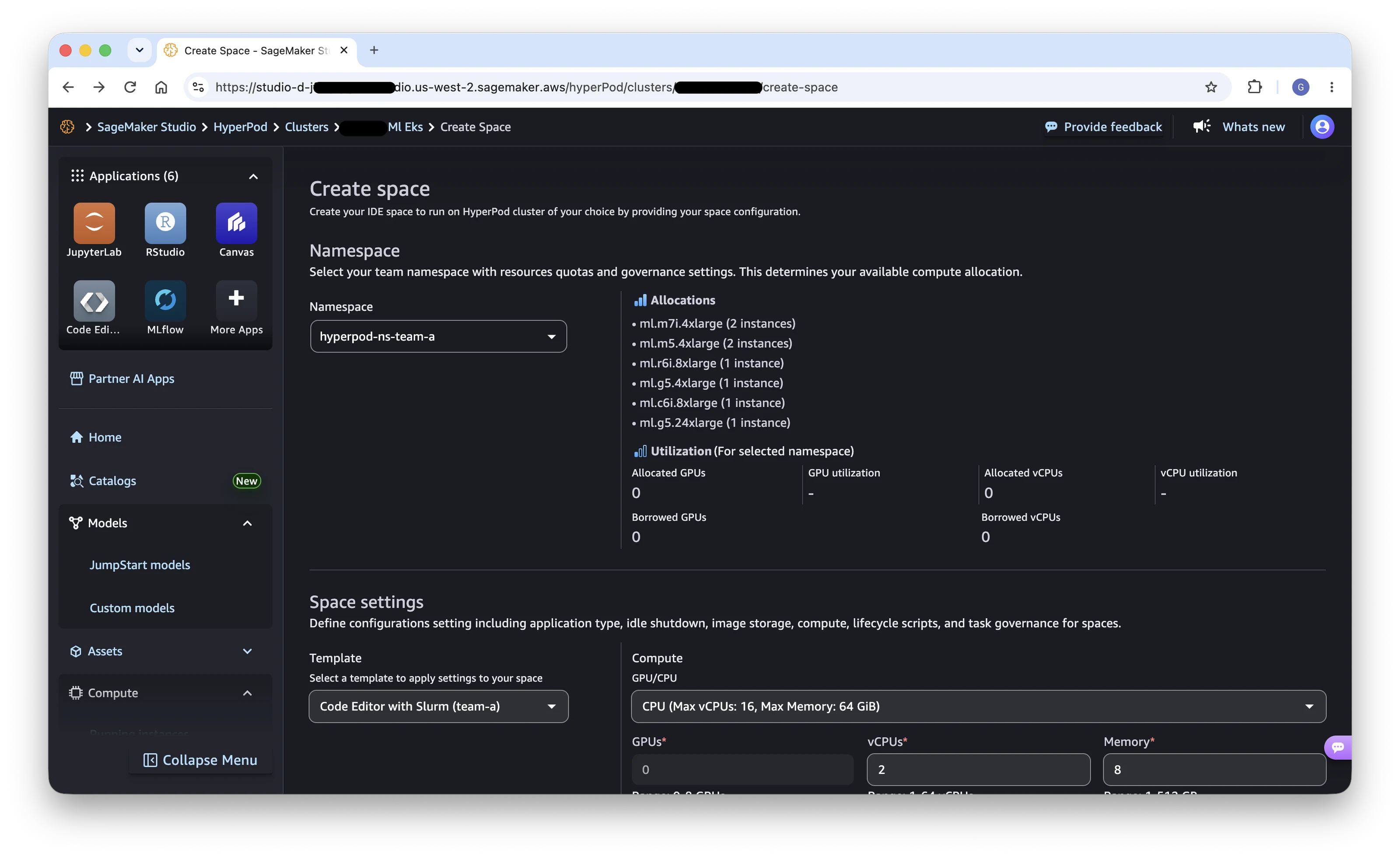 SageMaker Studio UI for creating a HyperPod Space from a namespace-scoped template