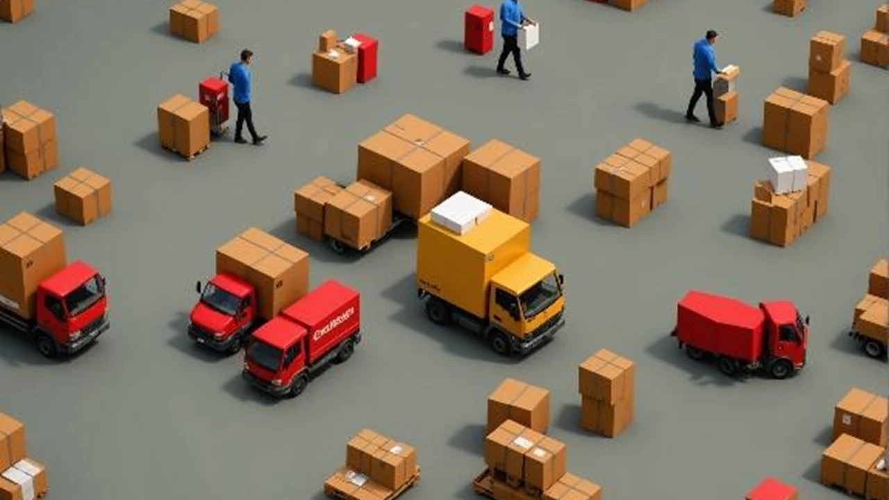Generated image-only slide with an AI-generated illustration of delivery trucks and parcels
