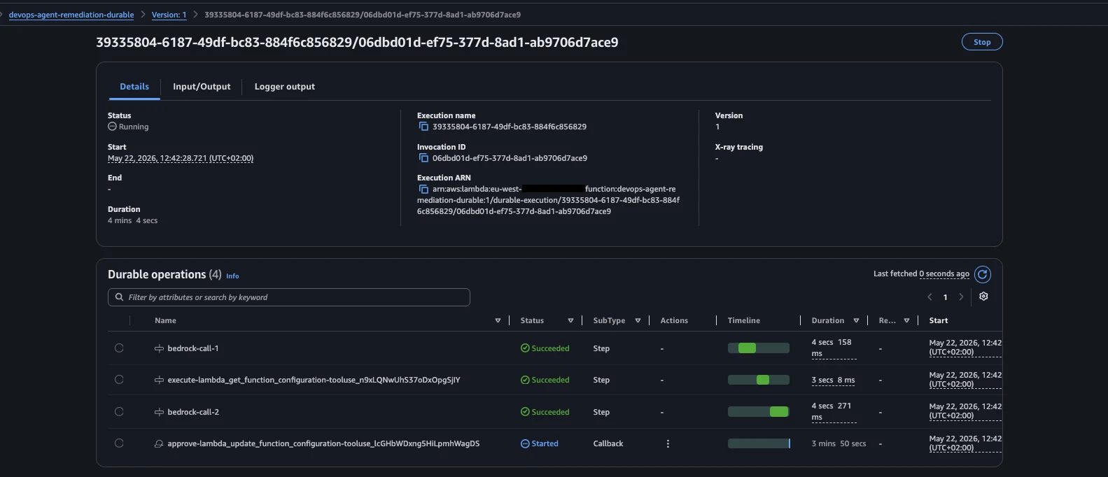Lambda console Durable executions tab showing the remediation durable function execution and its checkpointed steps