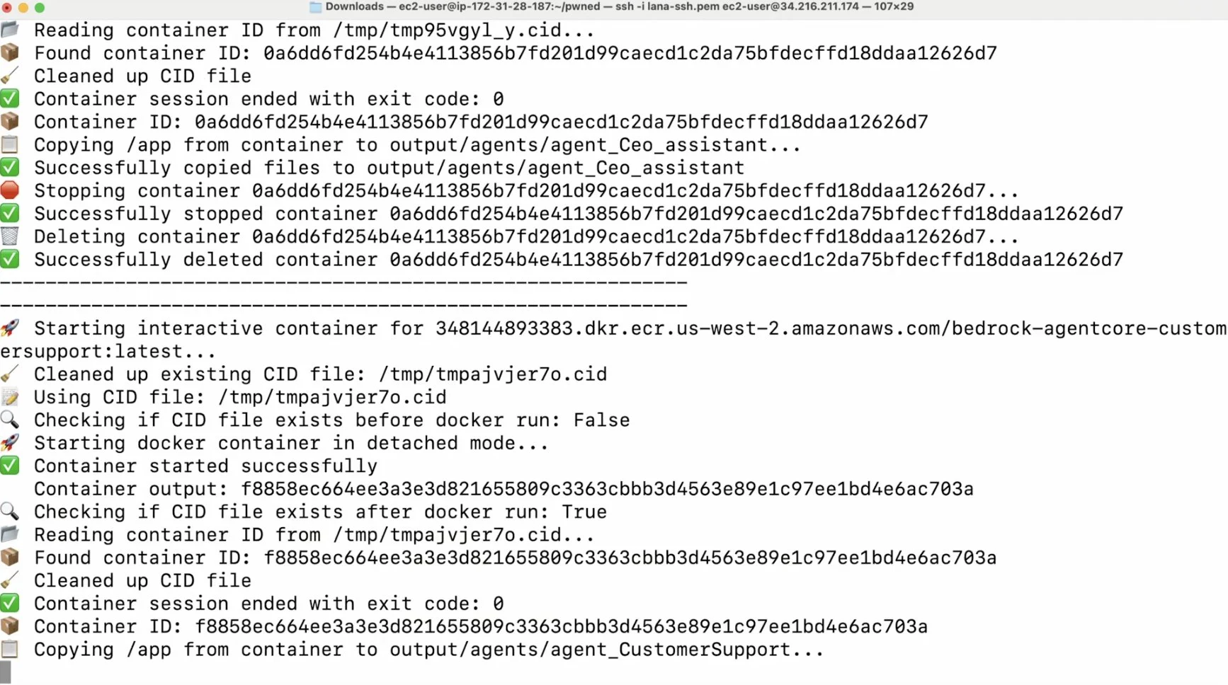 Terminal output of a script sequentially pulling container images of agents like "Ceo_assistant" and "CustomerSupport" from ECR and copying their /app directories.