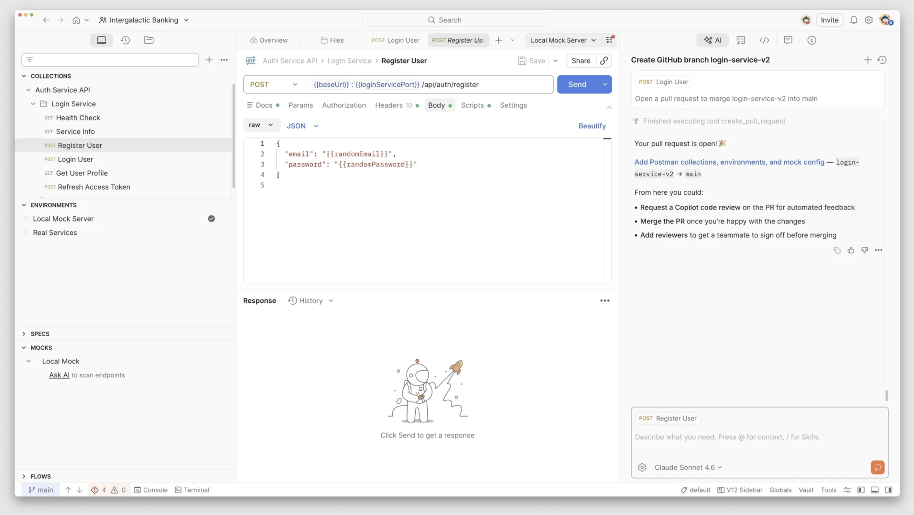 Postman Agent Mode opening a pull request and proposing next steps directly in the application