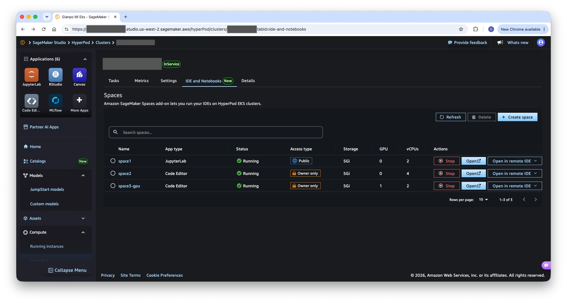 IDE and Notebooks tab on a HyperPod cluster detail page listing Spaces with status, compute allocation, and Stop, Open, and remote IDE actions