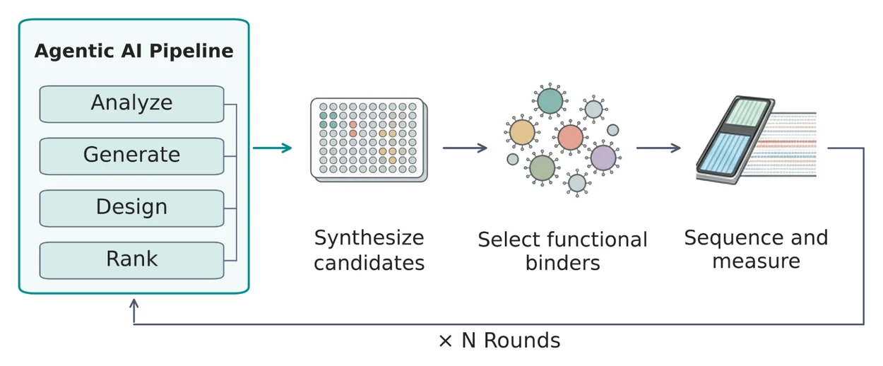 A diagram illustrating a multi-round, closed-loop agentic AI pipeline for designing and validating aptamer candidates.