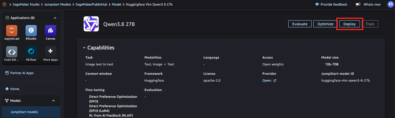 JumpStart model detail page for Qwen3.8 27B with the Deploy button highlighted and model capabilities listed