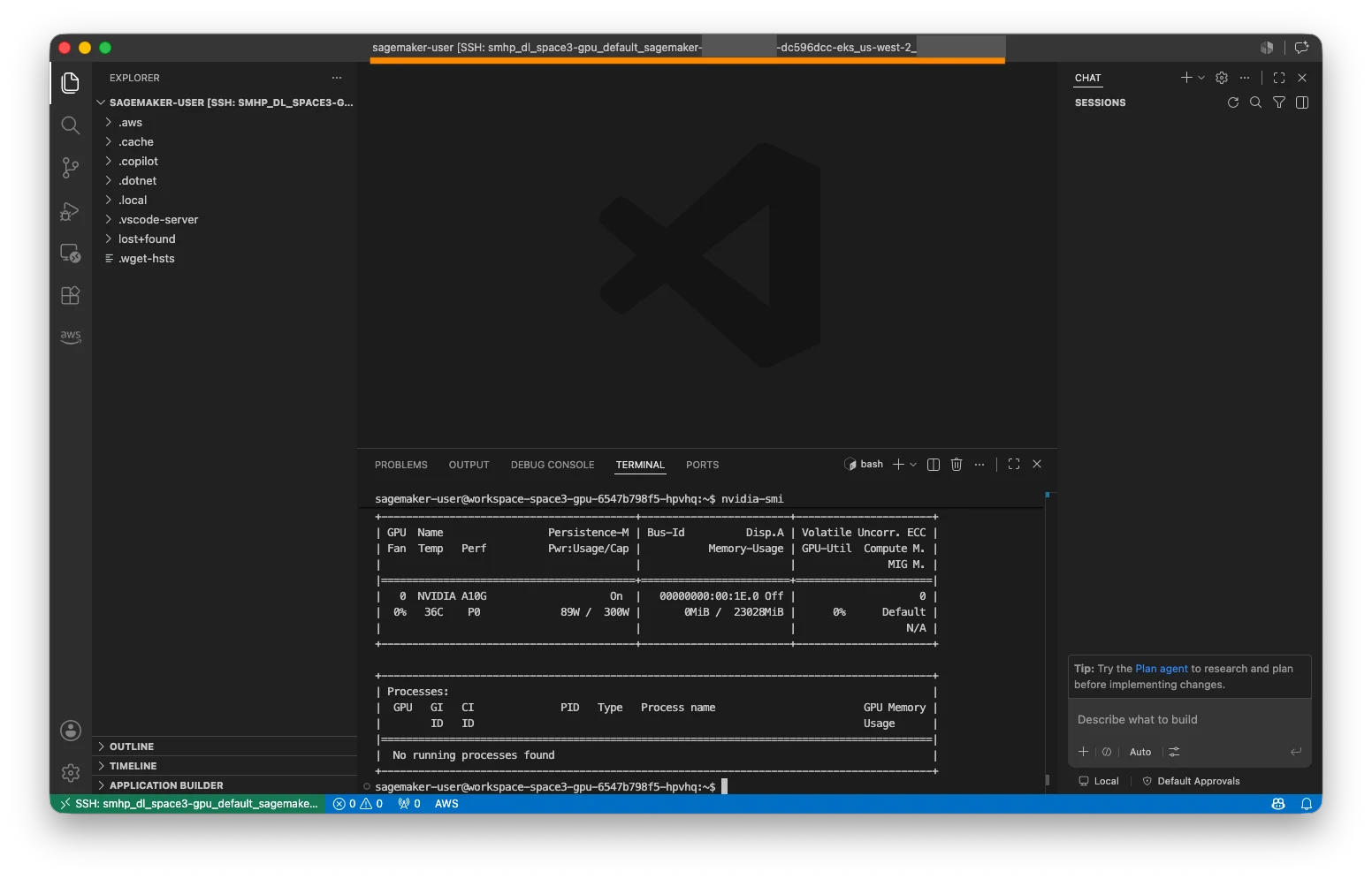 Local VS Code instance connected remotely to a HyperPod Space, showing the remote connection indicator and full IDE capabilities running on cluster compute