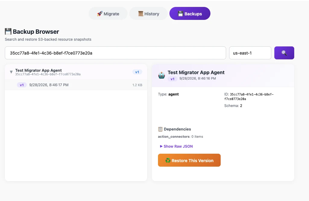 Restoring a resource to an earlier backup version