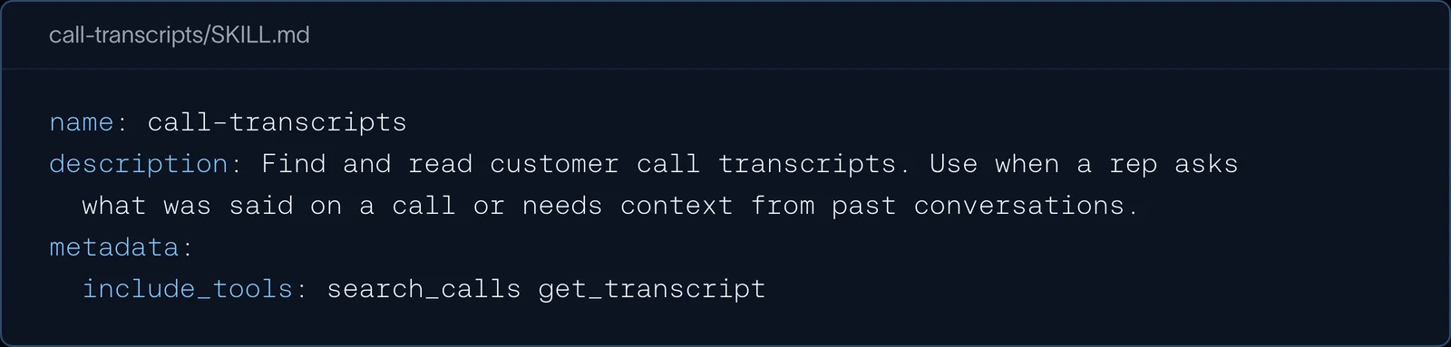 call-transcripts SKILL.md frontmatter listing include_tools: search_calls get_transcript