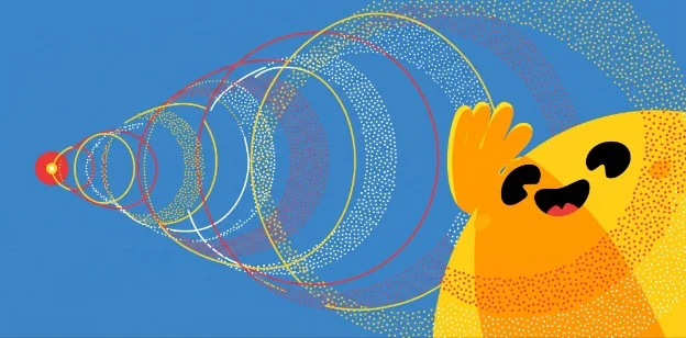 Hugging Face mascot with colorful concentric waves on a blue background.