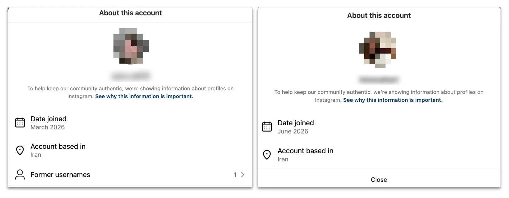 Redacted Instagram account transparency panels showing Iran as the location of both accounts that posted the preceding comments.