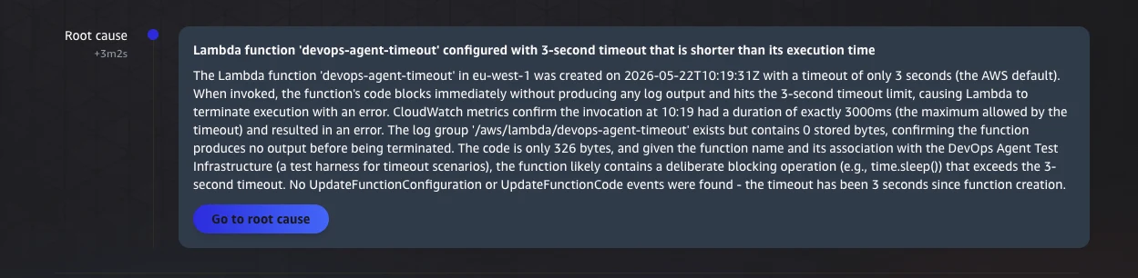 AWS DevOps Agent root cause analysis identifying that the function timeout is insufficient for the workload