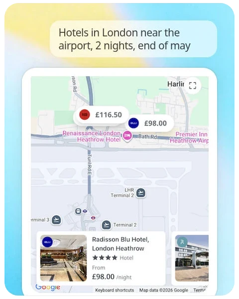 Hotel search in ChatGPT near London Heathrow Airport for two nights at the end of May, showing hotel locations, prices, and a Radisson Blu Hotel card.