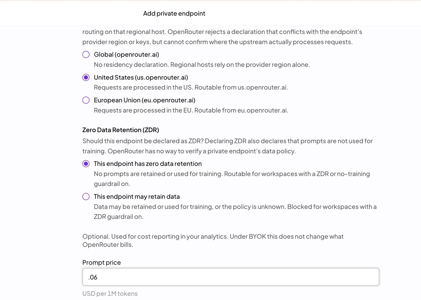 The Blueprint step's data region and Zero Data Retention choices, with United States (us.openrouter.ai) and zero data retention selected, above the optional prompt price field.