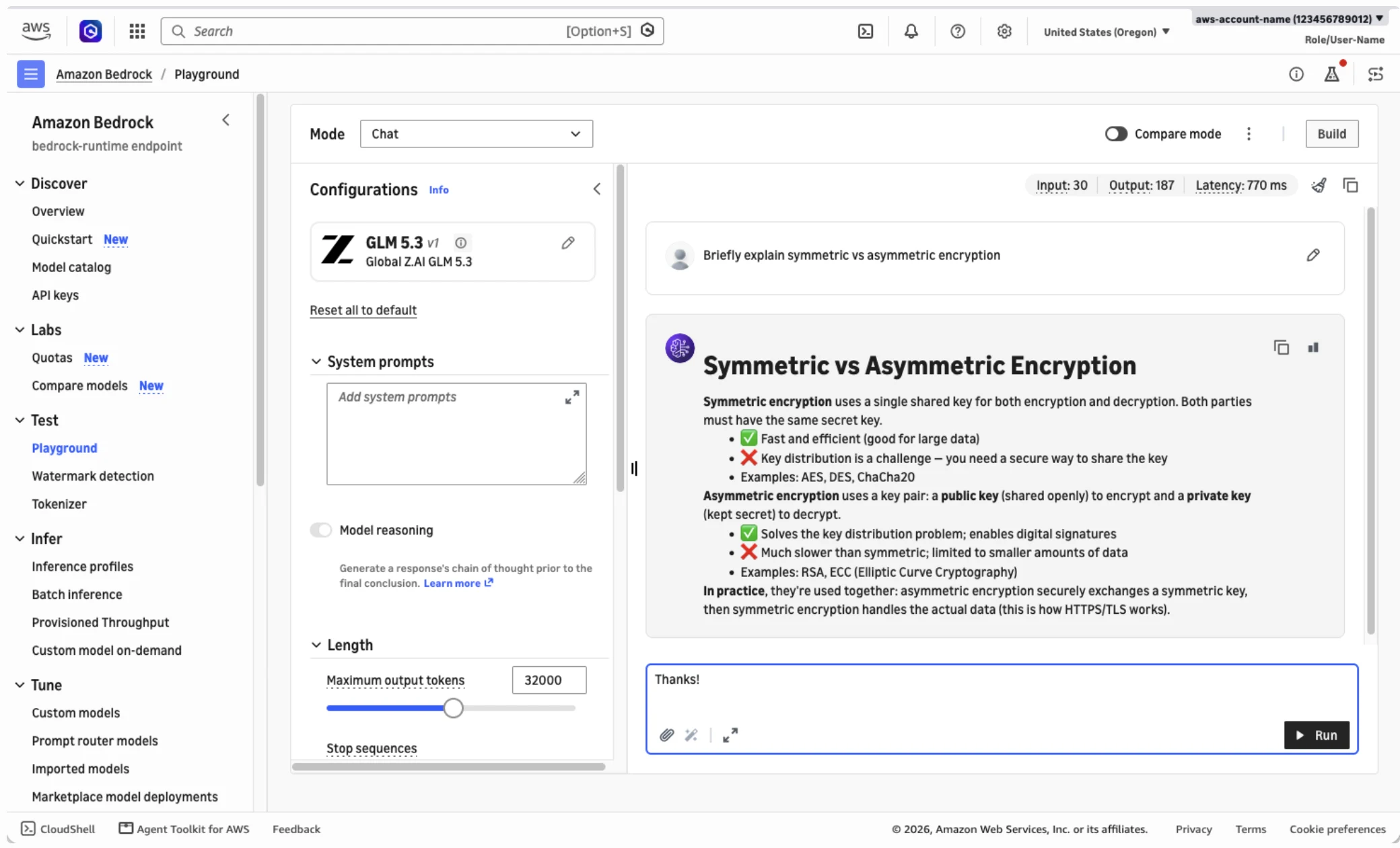 [Amazon Bedrock Playground screenshot showing chat interface with GLM 5.3 model explaining symmetric vs asymmetric encryption. Response includes detailed comparison with checkmarks and X marks highlighting key differences, examples like AES and RSA, a]