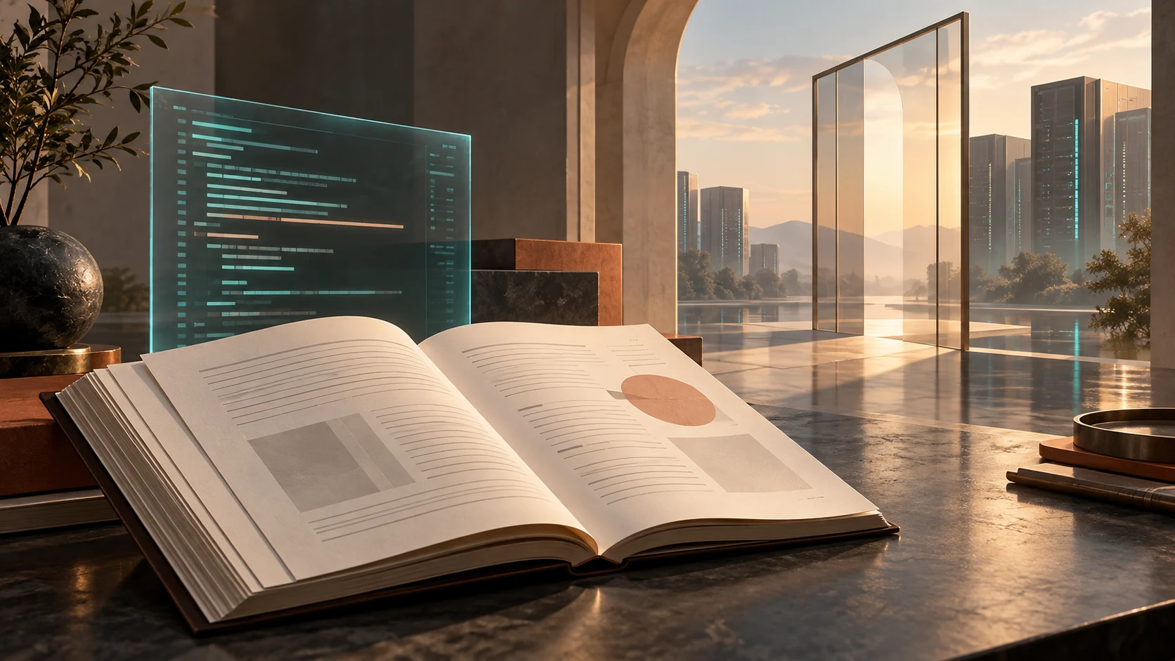 Ein aufgeschlagenes Finanzdokument und ein leuchtendes Programmierfenster stehen vor einem transparenten Durchgang; im Hintergrund sind Servertürme zu sehen.