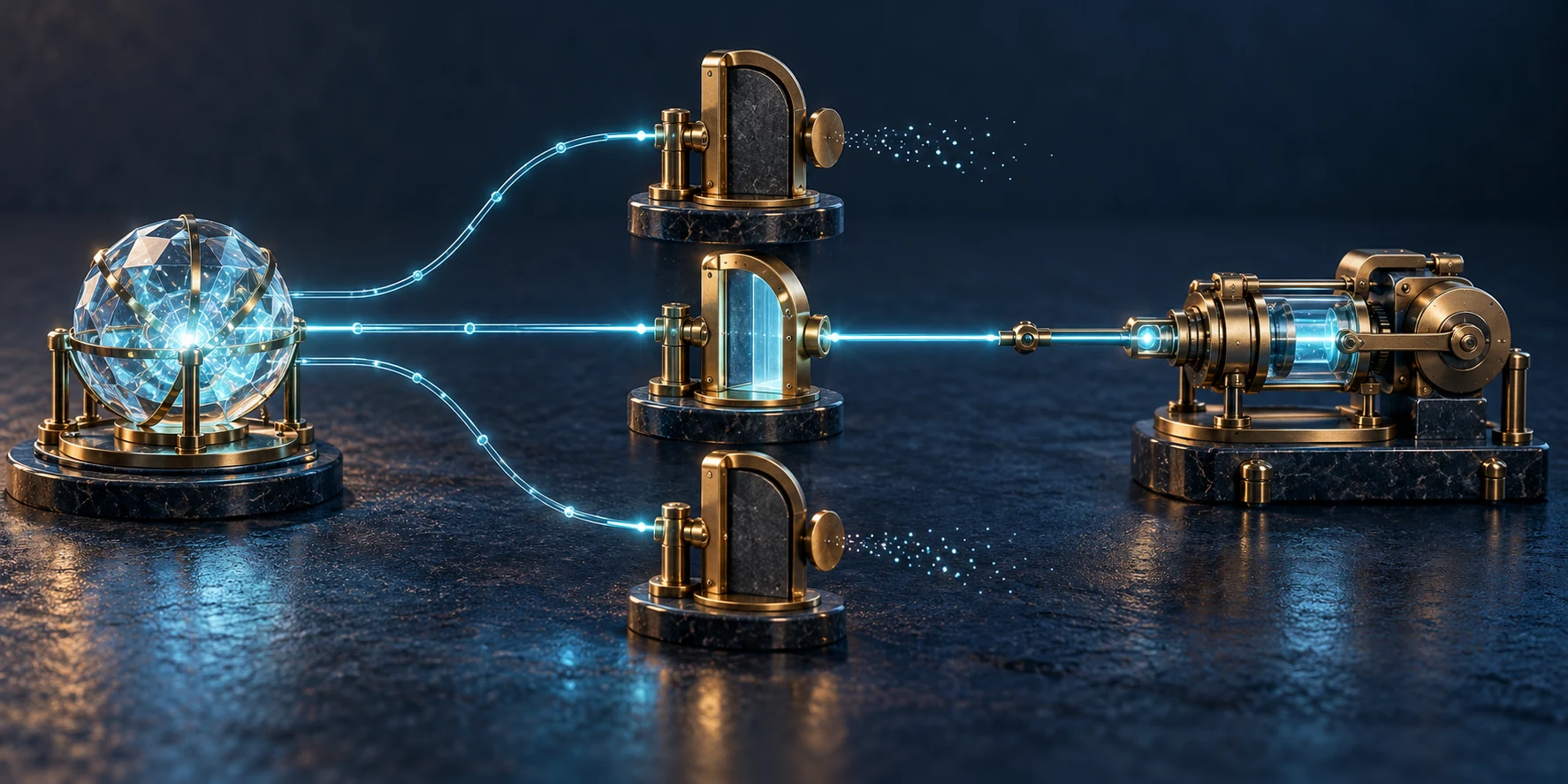 A luminous glass core sends three cyan paths through brass gates; only the central path reaches a mechanical actuator.