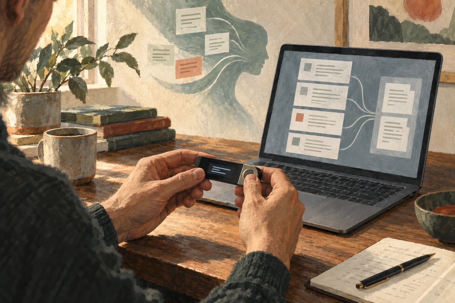 Concept illustration of a person checking a transaction on a device screen while AI organizes background information