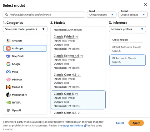 The Claude Opus 5 model selected in the Amazon Bedrock console text playground