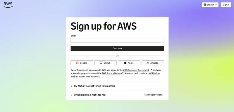 The Sign up for AWS page with an email field and sign-in options for Google, GitHub, Apple, and Amazon