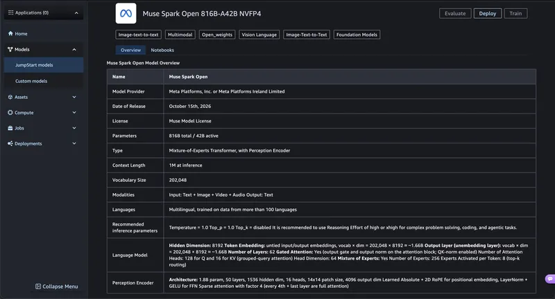 Muse Spark Open model detail card in SageMaker JumpStart with the Deploy option