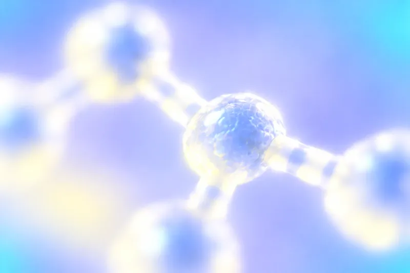 Abstract molecular structure with connected spheres against a blue and purple background.