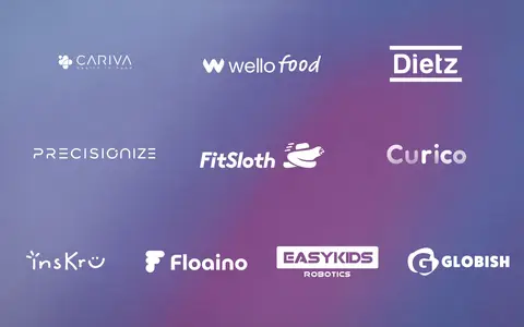 Logos of the ten startups participating in the OpenAI x MHESI AI Accelerator: CARIVA, Wello Food, Dietz, Precisionize, FitSloth, Curico, insKru, Floaino, EasyKids Robotics, and Globish.