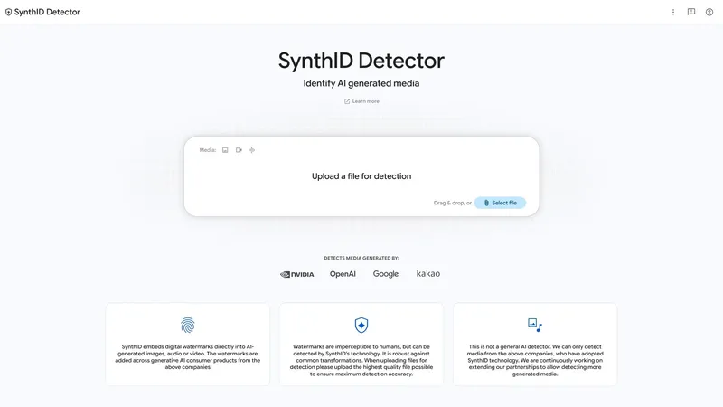 A screenshot of the SynthID Detector landing page, titled "SynthID Detector: Identify AI generated media." In the center is a file upload box with a "Select file" button and drag-and-drop support. Below it, partner company logos are displayed under "DETECTS MEDIA GENERATED BY:" — NVIDIA, OpenAI, Google, and kakao. Three information cards at the bottom explain how SynthID digital watermarking works and outline its detection capabilities.