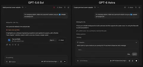 A side-by-side comparison of GPT-5.6 Sol and GPT-6 Astra helping create a personal career website.