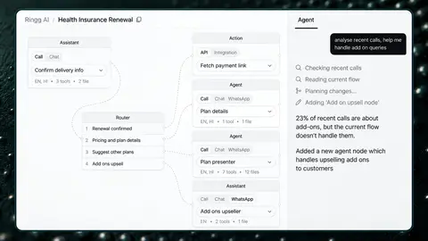 Ringg AI product UI shown over the selected raised-dot texture, illustrating a health insurance renewal agent workflow.