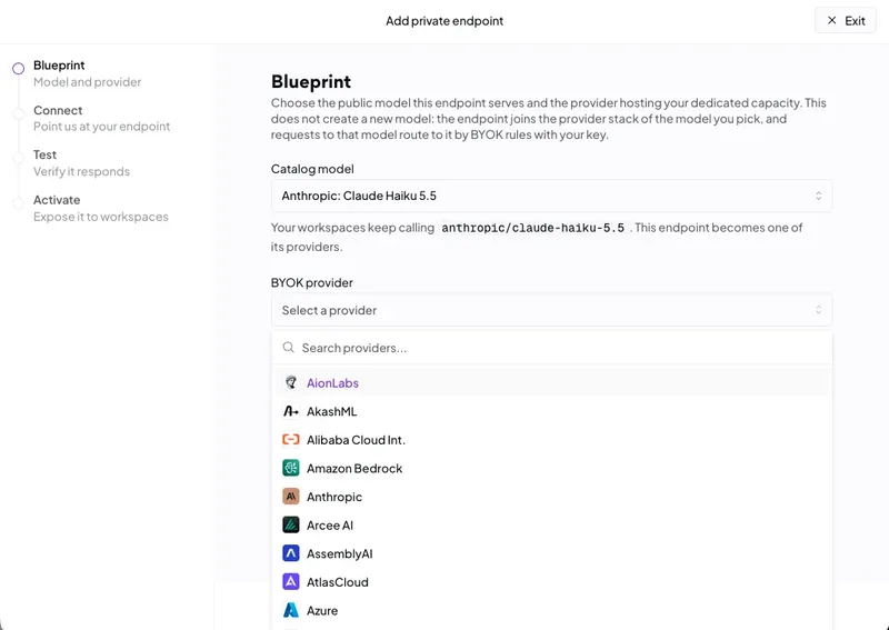 The Add private endpoint wizard on its Blueprint step, with Connect, Test, and Activate still to come. The catalog model is set to Anthropic: Claude Haiku 5.5 and the BYOK provider list is open.