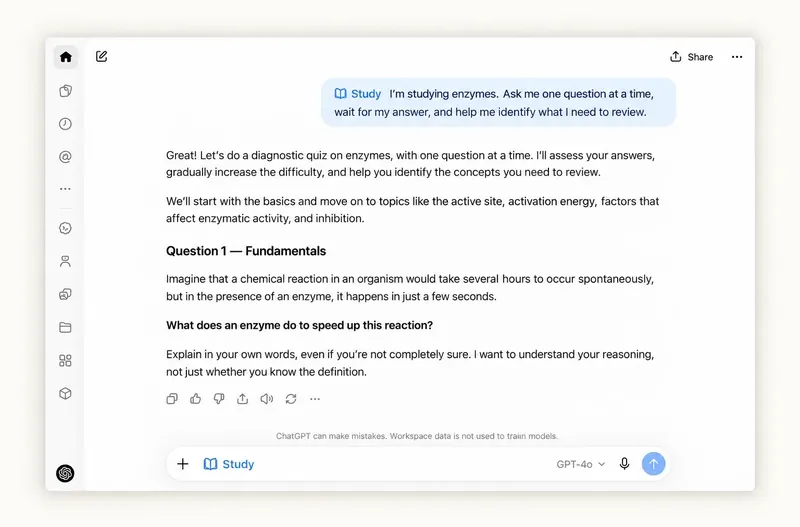 ChatGPT Study Mode guiding a student through an enzyme quiz in English, one question at a time.