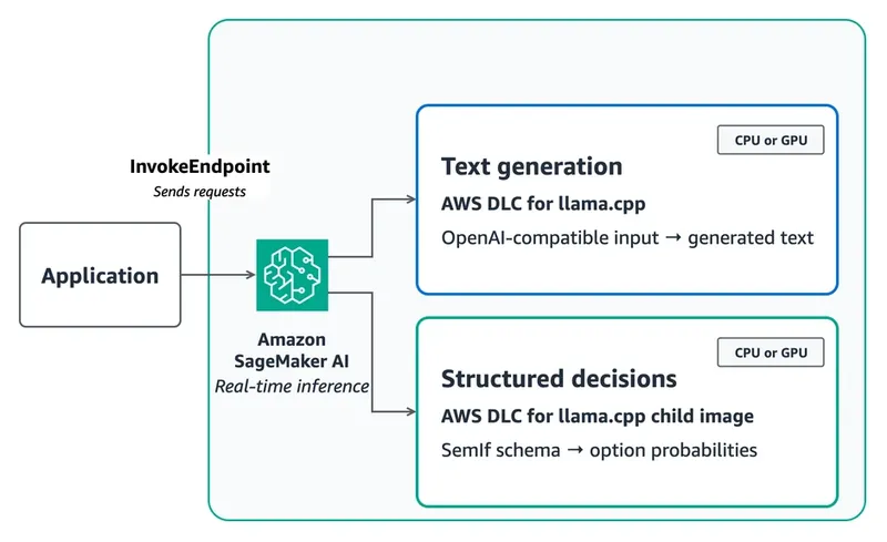 An application invokes an Amazon SageMaker AI real-time endpoint that can use the AWS Deep Learning Container for llama.cpp for generated text or a SemIf child image for option probabilities. Either serving mode can run on CPU or GPU.