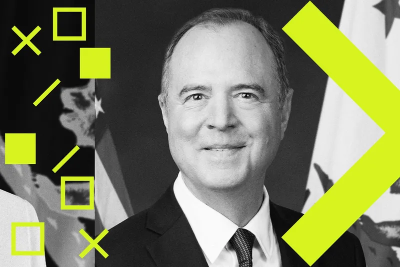 A stylized illustration of CA Sen. Adam Schiff’s official portrait