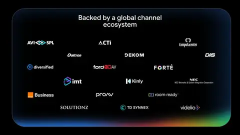 Static image showcasing Google Beam’s global ecosystem of 18 audiovisual integrators and distributors who are fully equipped to deploy and support Beam.