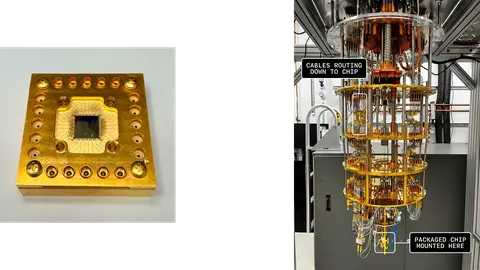 A packaged qubit chip beside an open dilution refrigerator with cabling that connects to the chip.