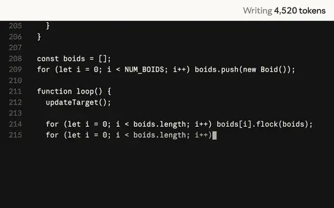 The previous model writing a starling murmuration program, then running it.