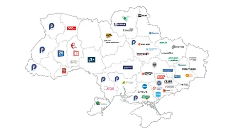 Map of Ukraine showing independent news organizations across the country.