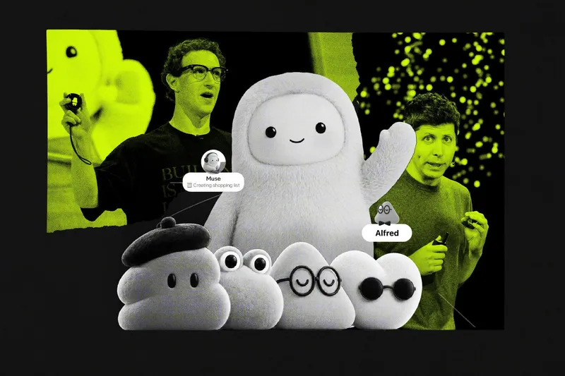 A stylized illustration of various AI mascots as well as CEOs Mark Zuckerberg and Sam Altman