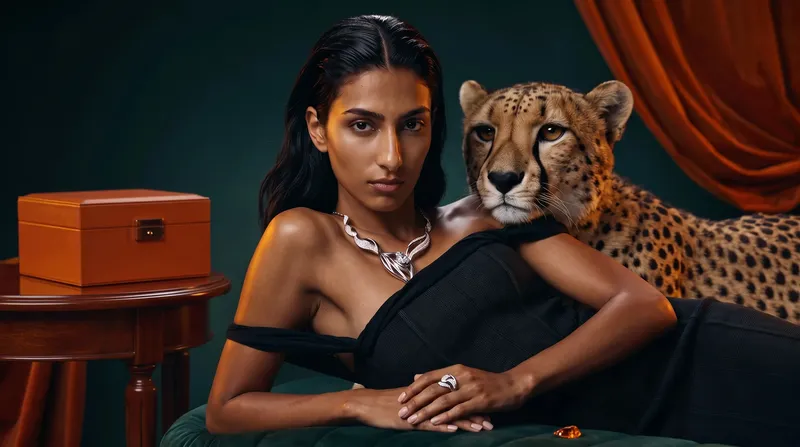 A jewelry campaign featuring a model beside a cheetah, framed by dark drapery and warm lighting.