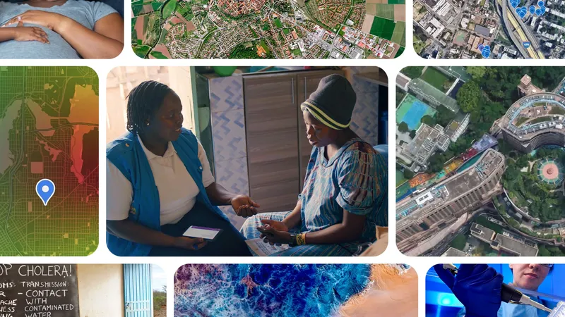 A grid of images depicting various global health subjects, including health workers, satellite map views and microscopy images.
