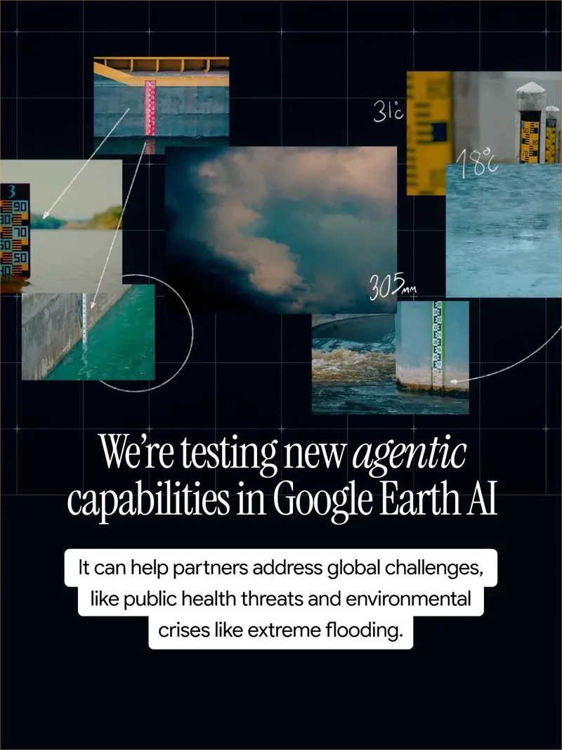 A collage of images on a dark, gridded background featuring water depth gauges, dark storm clouds, and turbulent floodwater, annotated with white lines and handwritten measurements like "31°C" and "305mm". Text below reads: "We’re testing new agentic capabilities in Google Earth AI. It can help partners address global challenges, like public health threats and environmental crises like extreme flooding."