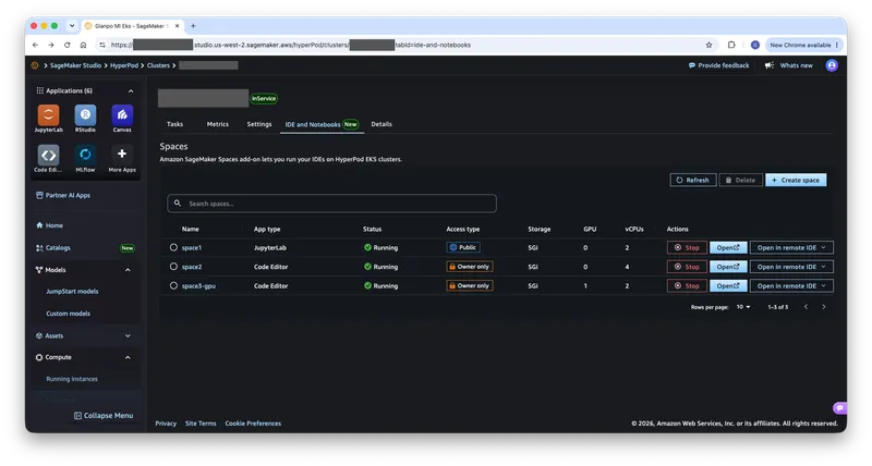 IDE and Notebooks tab on a HyperPod cluster detail page listing Spaces with status, compute allocation, and Stop, Open, and remote IDE actions