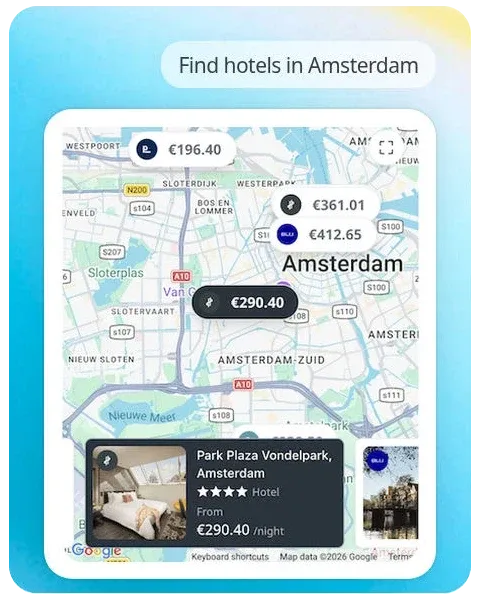 Hotel search in ChatGPT for Amsterdam, showing hotel prices on a map and a Park Plaza Vondelpark hotel card.