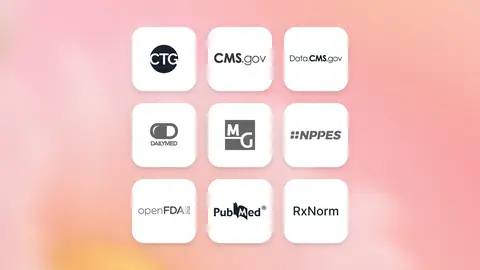 Logo grid of official healthcare public data sources including RxNorm