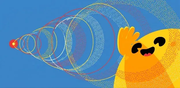Hugging Face mascot with colorful concentric waves on a blue background.