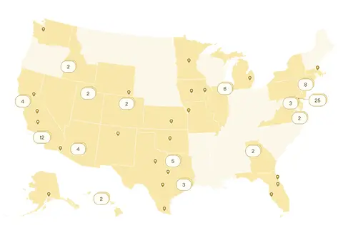 U.S. map with partner organization locations and numbered regional clusters