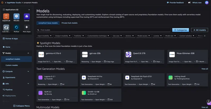 SageMaker Studio JumpStart Models page showing the model catalog with spotlight and text generation models and filters