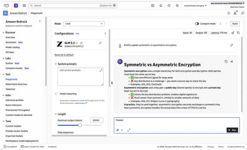 [Amazon Bedrock Playground screenshot showing chat interface with GLM 5.3 model explaining symmetric vs asymmetric encryption. Response includes detailed comparison with checkmarks and X marks highlighting key differences, examples like AES and RSA, a]